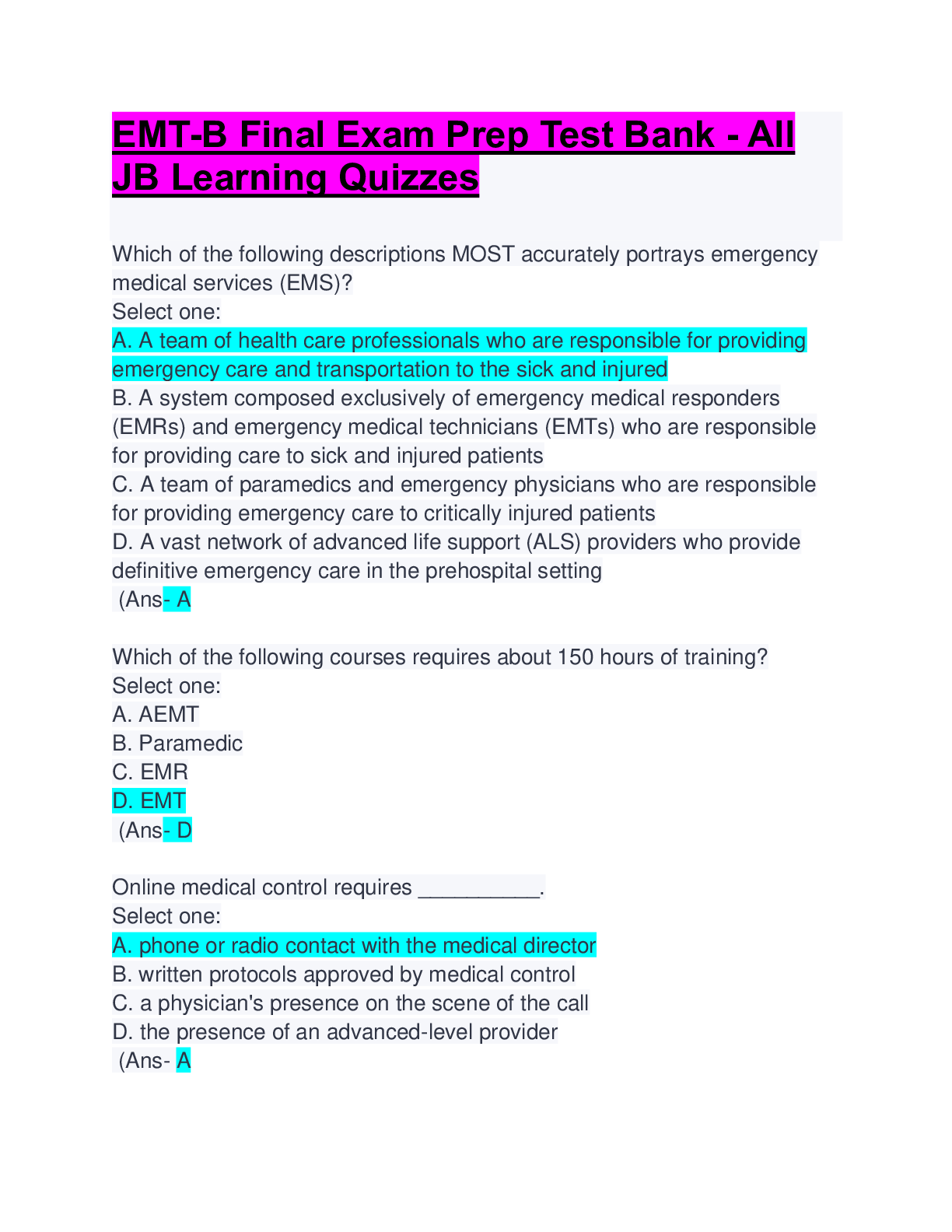 EMTB Final Exam Prep Test Bank All JB Learning Quizzes Questions